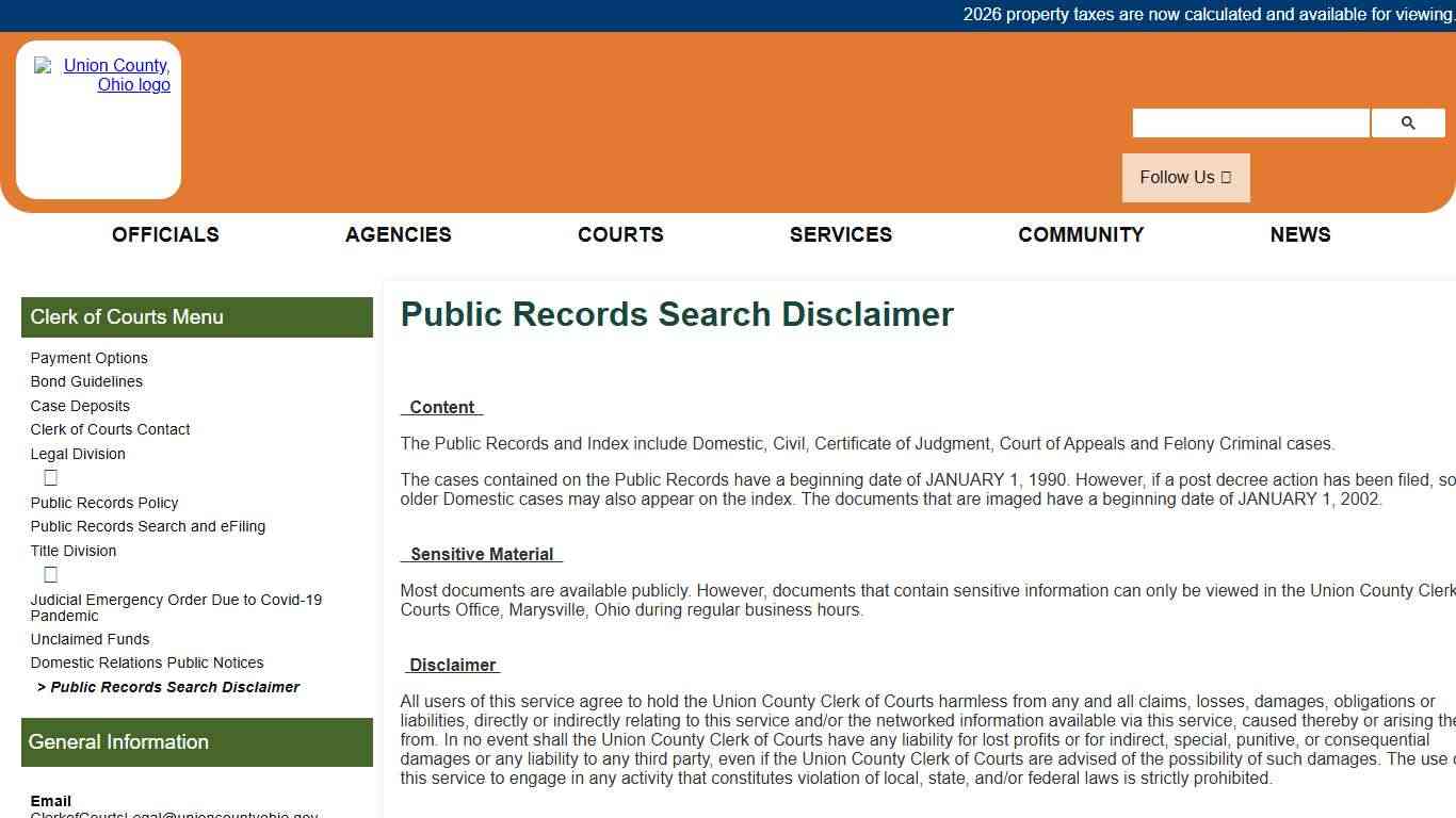 Union County, Ohio - Public Records Search Disclaimer