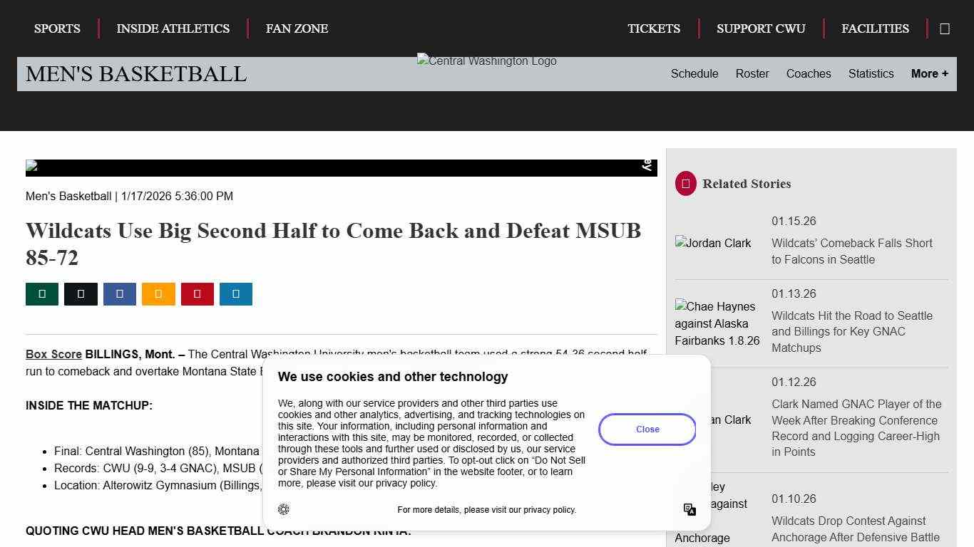 Wildcats Use Big Second Half to Come Back and Defeat MSUB 85-72 - Central Washington University Athletics